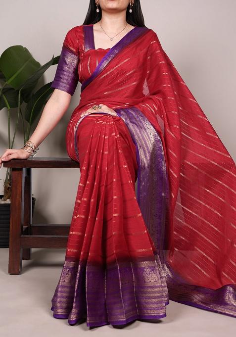 Red Printed Crepe Saree Set