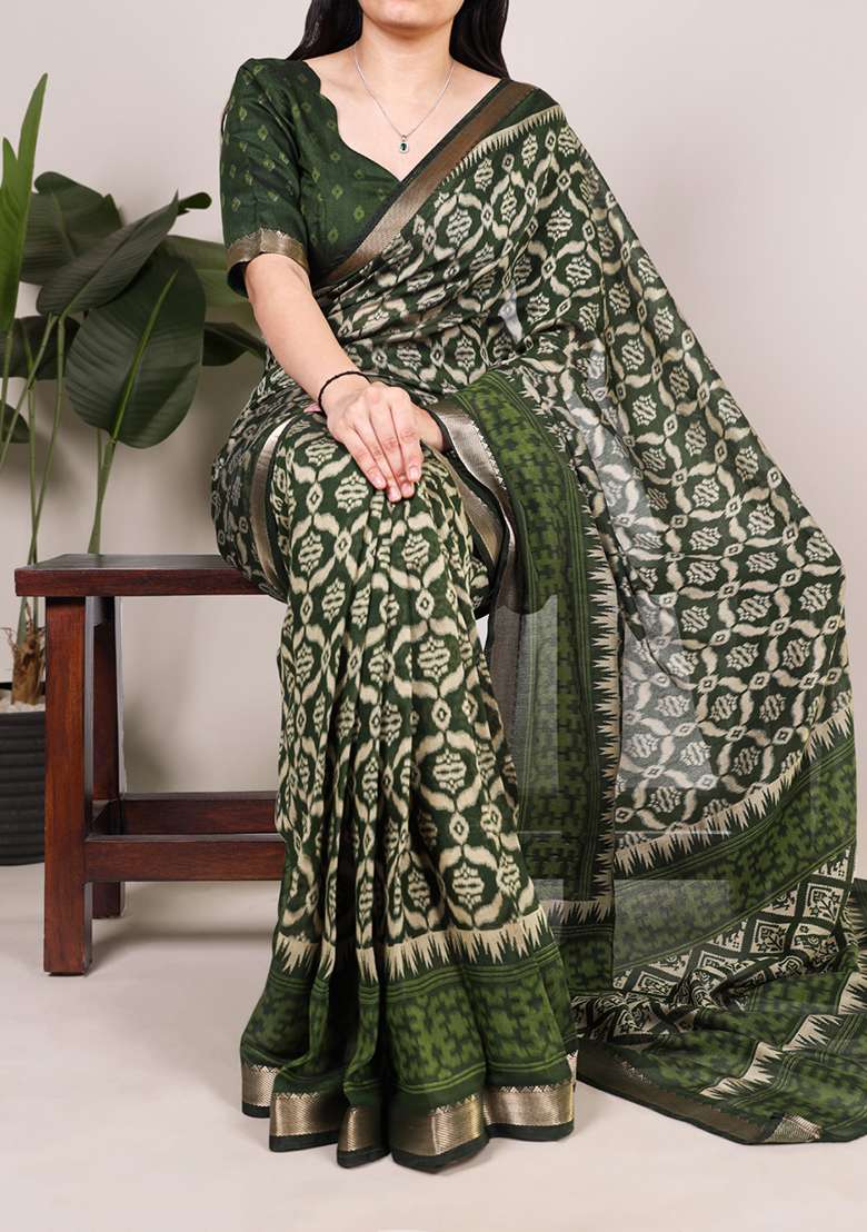 Mehendi Cotton Saree Set with Printed for Diwali | Wedding & Festive Wear - Indya