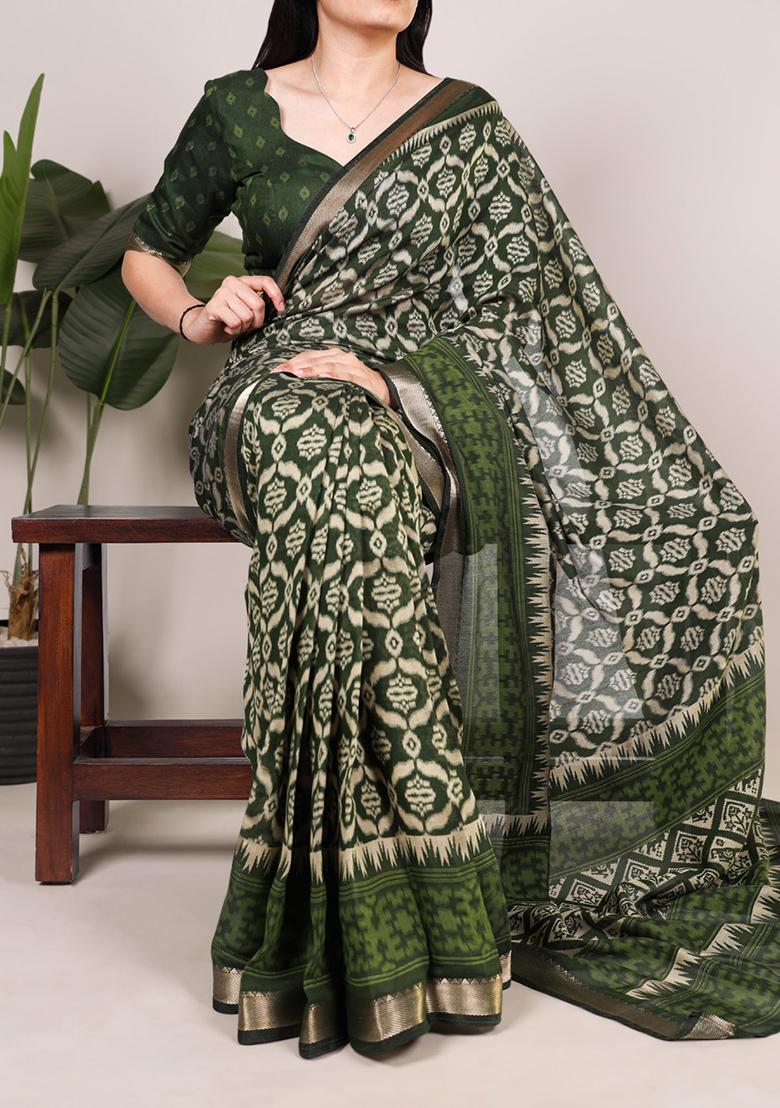 Mehendi Printed Cotton Saree Set - Indya
