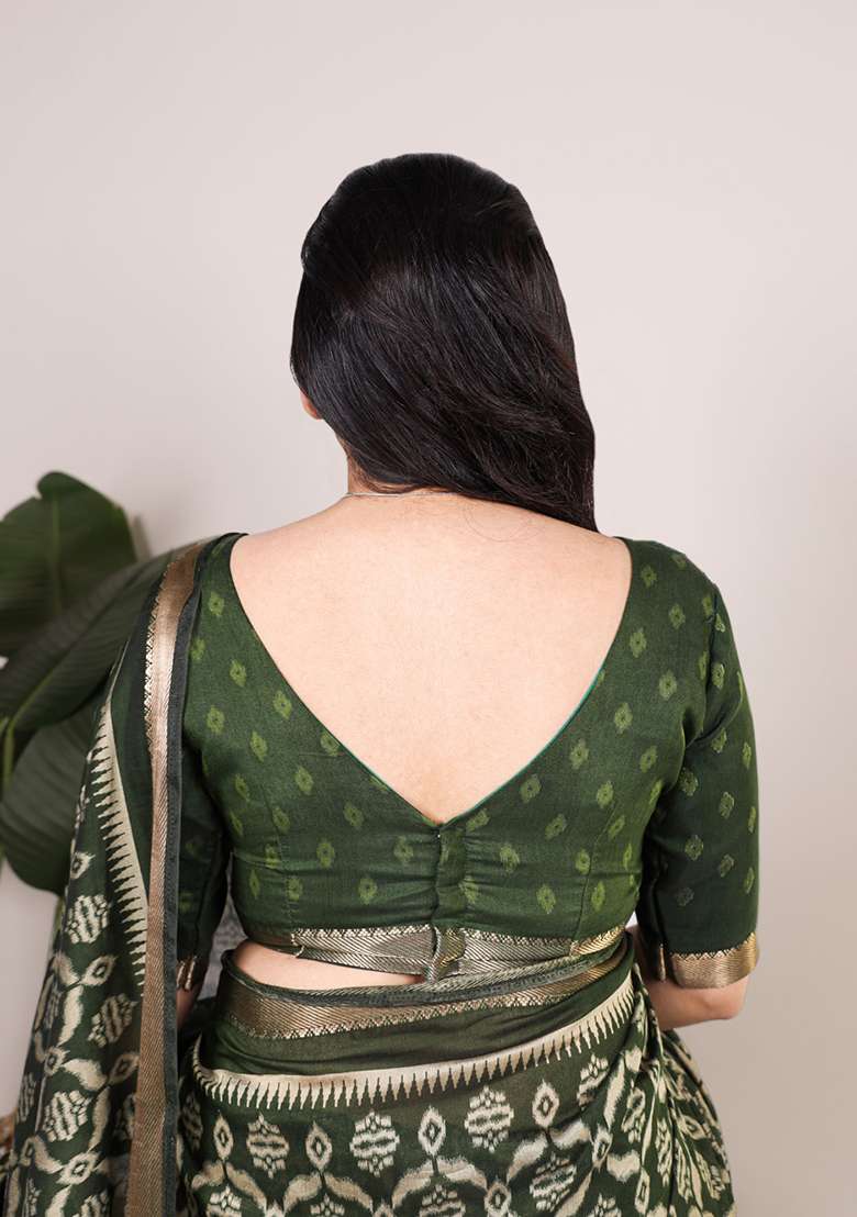 Mehendi Cotton Saree Set with Printed for Diwali | Wedding & Festive Wear - Indya