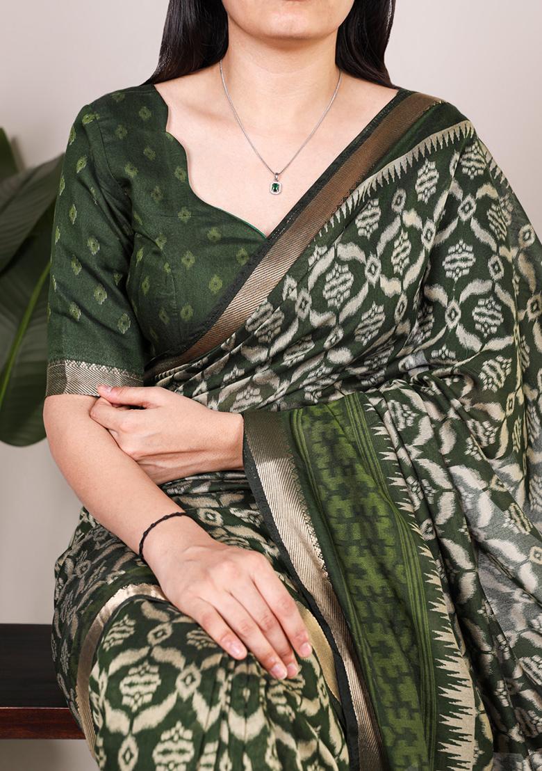 Mehendi Printed Cotton Saree Set - Indya
