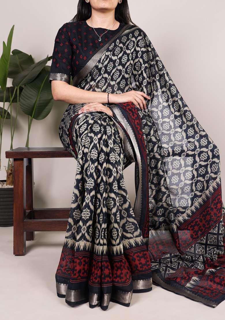 Black Printed Cotton Saree Set for Diwali and Festive Wear - Indya