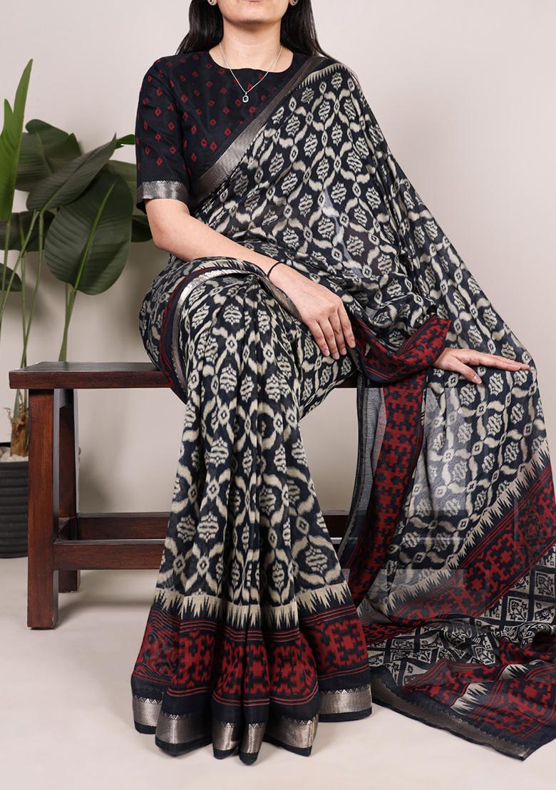 Black Printed Cotton Saree Set - Indya
