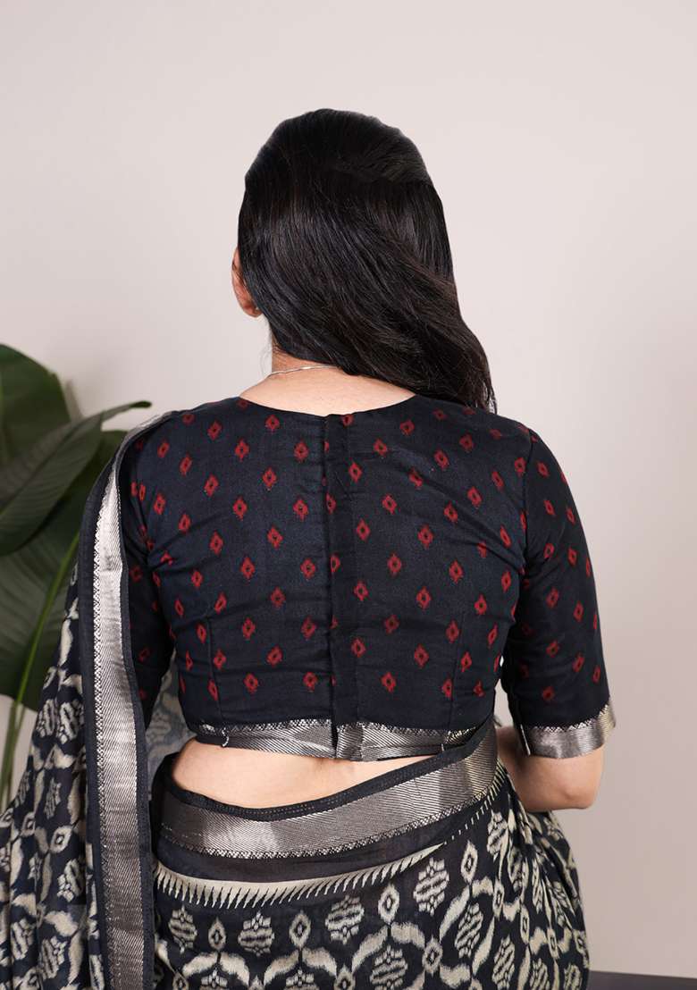 Black Printed Cotton Saree Set for Diwali and Festive Wear - Indya