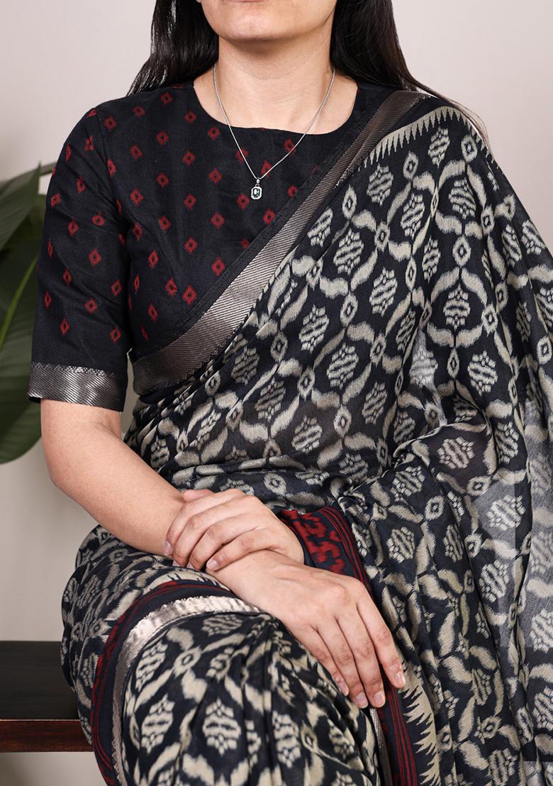 Black Printed Cotton Saree Set - Indya