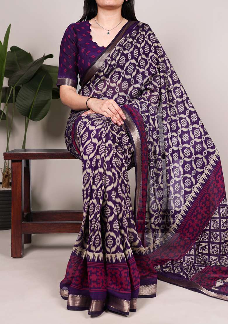 Purple Cotton Saree Set with Printed for Diwali | Wedding & Festive Wear - Indya