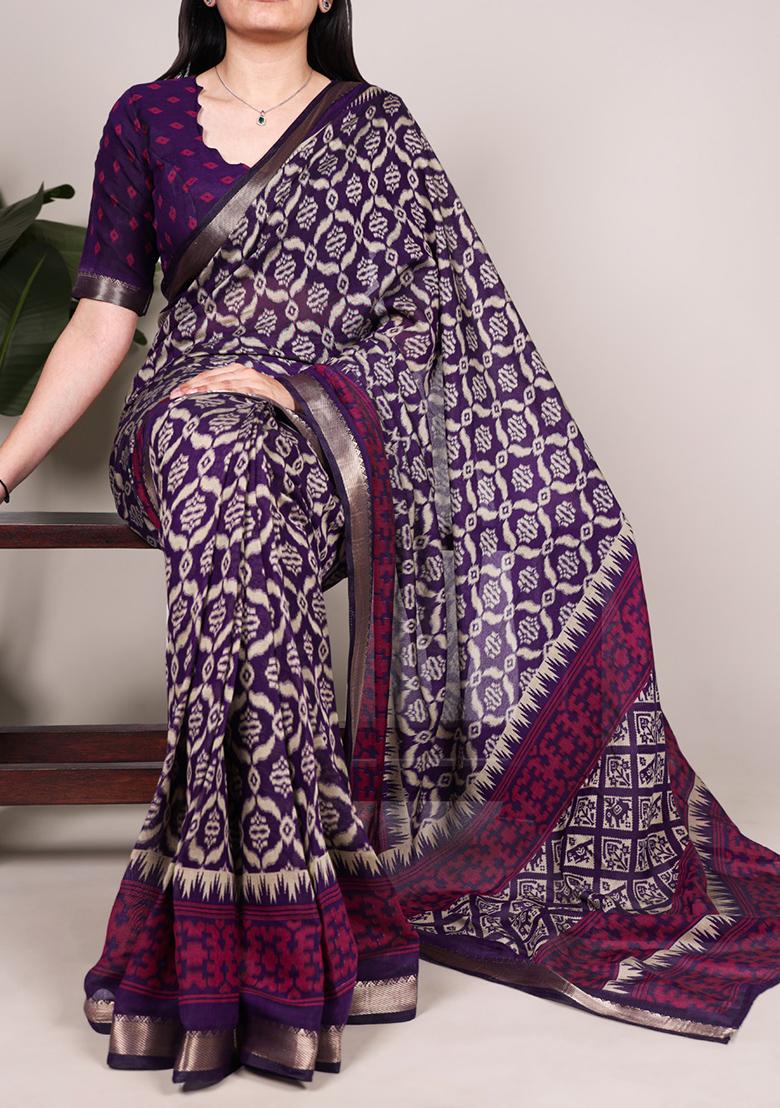 Purple Printed Cotton Saree Set - Indya