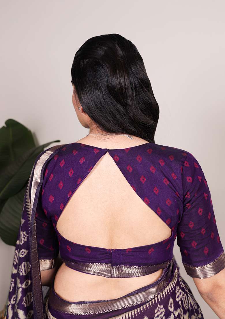 Purple Cotton Saree Set with Printed for Diwali | Wedding & Festive Wear - Indya
