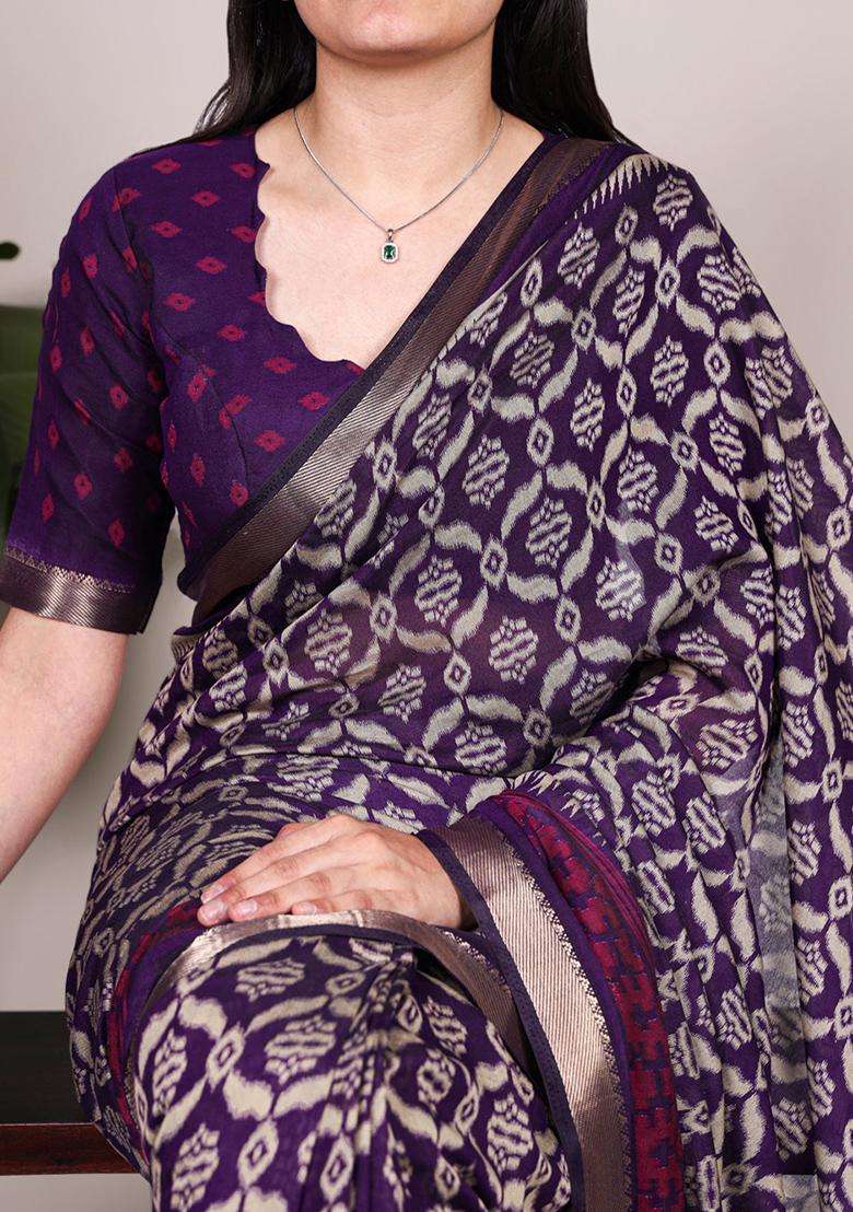 Purple Printed Cotton Saree Set - Indya