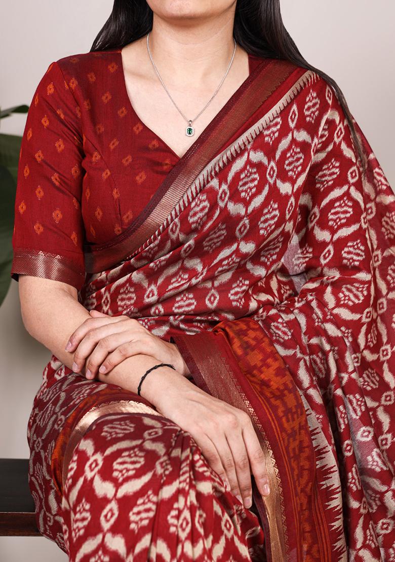 Maroon Printed Cotton Saree Set - Indya