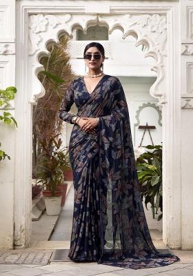 Navy Blue Printed Lurex Brasso Saree Set
