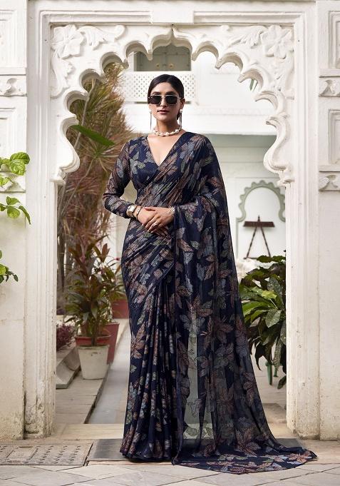 Navy Blue Printed Lurex Brasso Saree Set