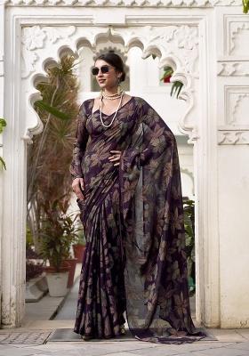 Wine Printed Lurex Brasso Saree Set