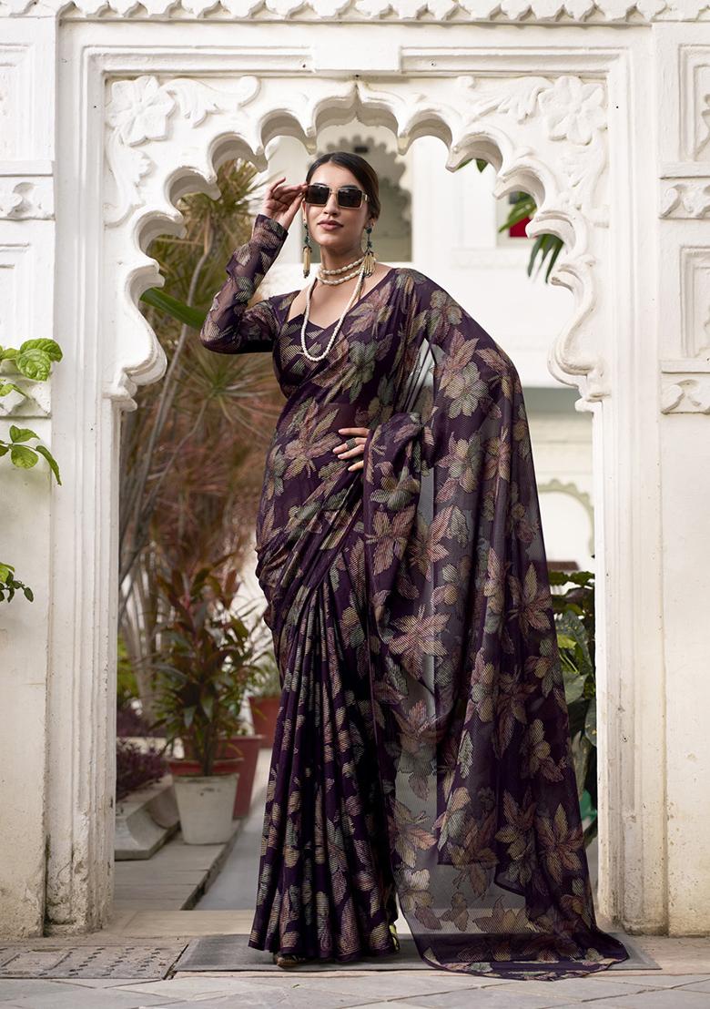 Wine Printed Lurex Brasso Saree Set - Indya