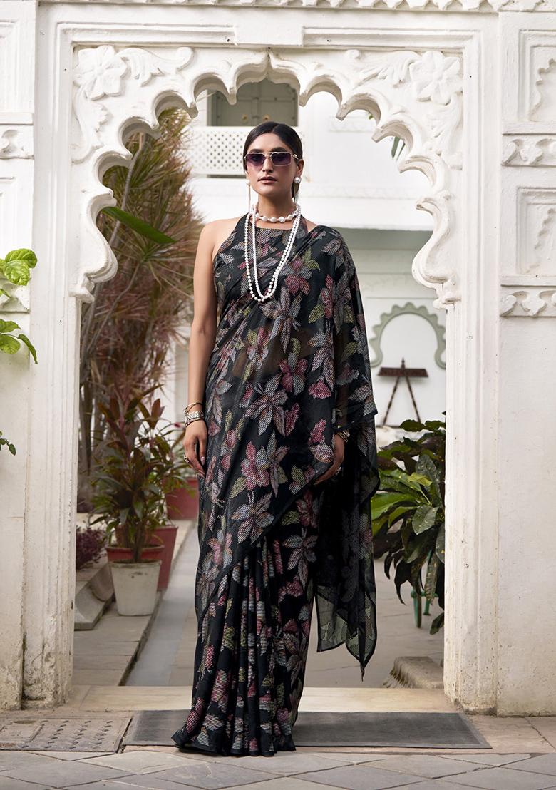 Black Printed Lurex Brasso Saree Set - Indya