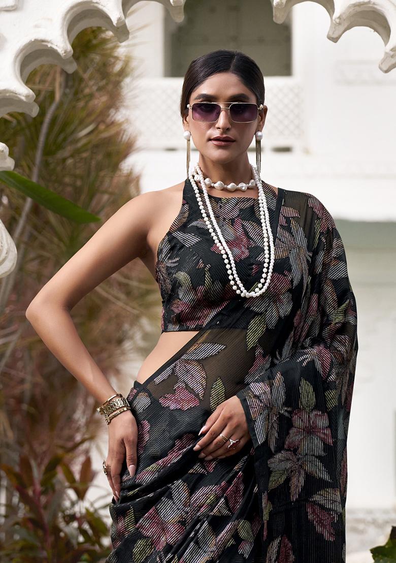 Black Printed Lurex Brasso Saree Set - Indya