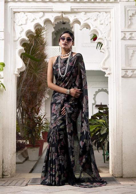 Black Printed Lurex Brasso Saree Set