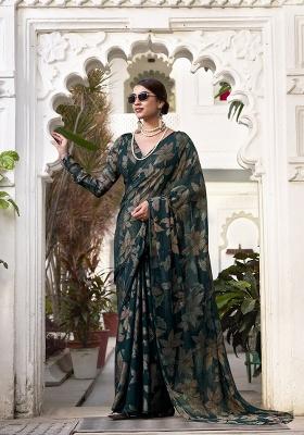Bottle Green Printed Lurex Brasso Saree Set
