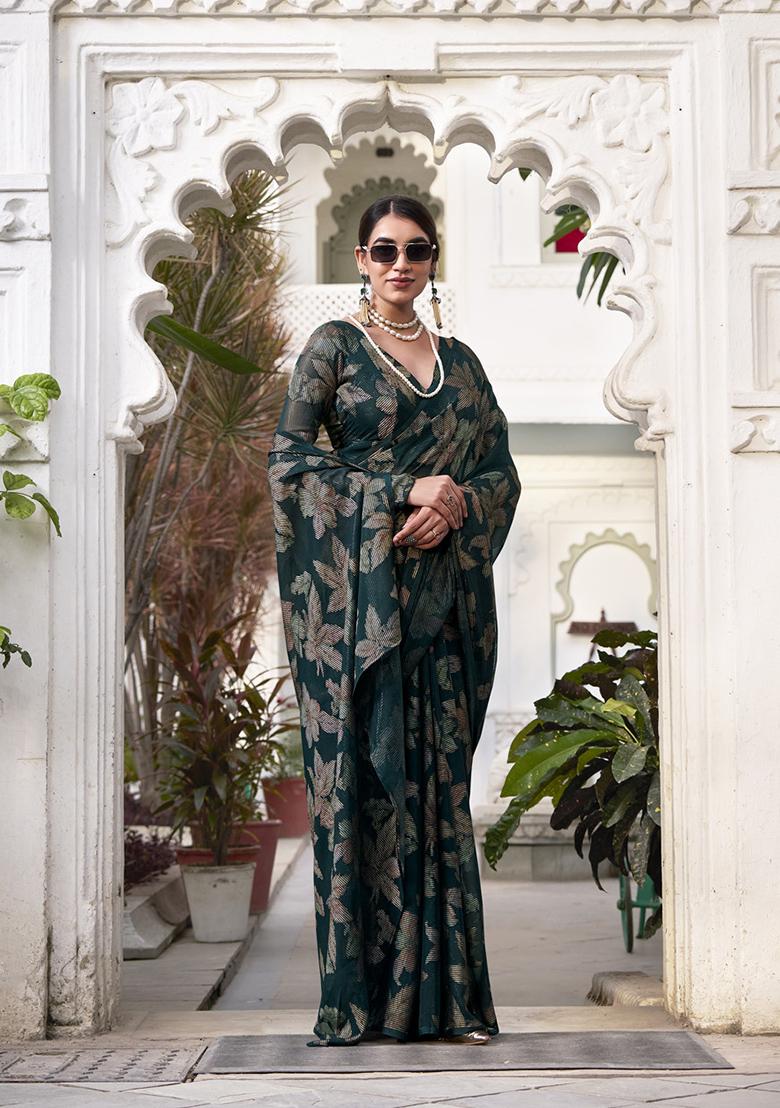 Bottle Green Printed Lurex Brasso Saree Set - Indya