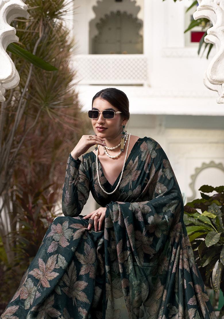 Bottle Green Printed Lurex Brasso Saree Set - Indya