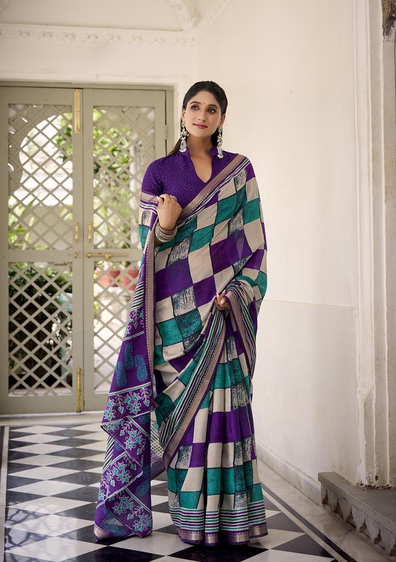 Purple Printed Polyester Viscose Chanderi Saree Set - Indya