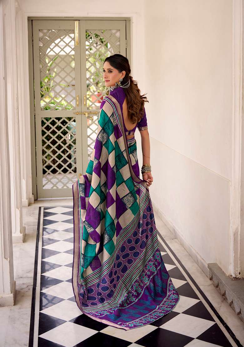 Purple Printed Polyester Viscose Chanderi Saree Set for Diwali and Festive Wear - Indya