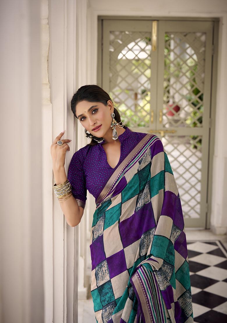 Purple Printed Polyester Viscose Chanderi Saree Set - Indya