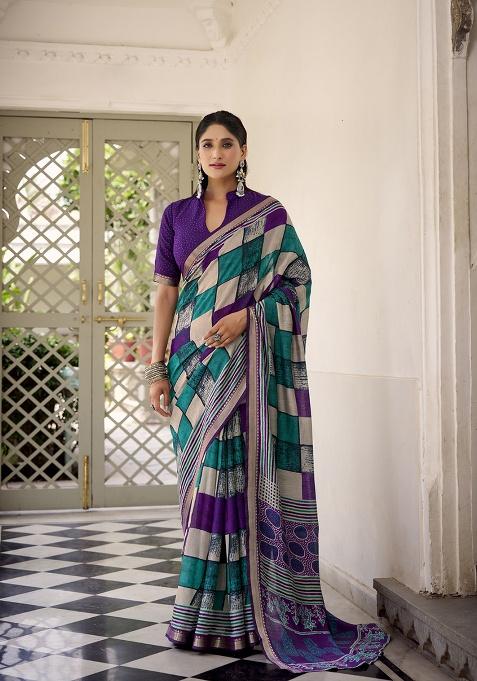 Purple Printed Polyester Viscose Chanderi Saree Set