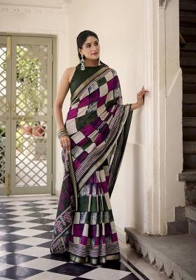 Green Printed Polyester Viscose Chanderi Saree Set