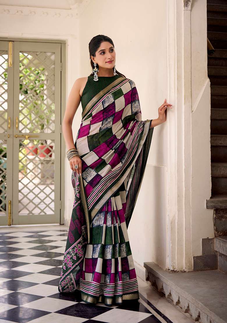 Green Printed Polyester Viscose Chanderi Saree Set for Diwali and Festive Wear - Indya