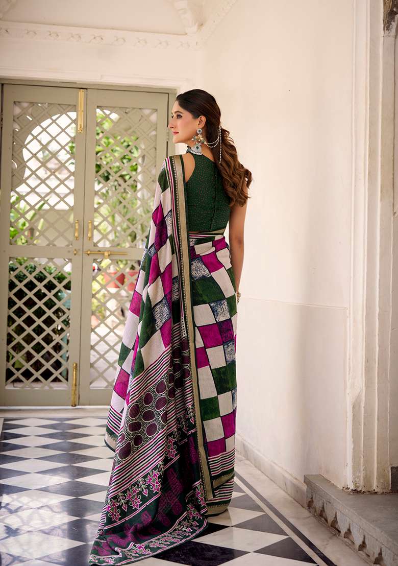 Green Printed Polyester Viscose Chanderi Saree Set for Diwali and Festive Wear - Indya
