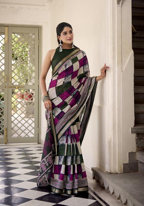 Green Printed Polyester Viscose Chanderi Saree Set