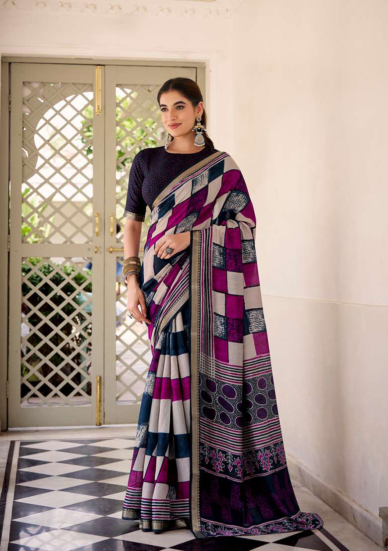 Navy Blue Polyester Chanderi Viscose Saree Set with Printed for Diwali | Wedding & Festive Wear - Indya