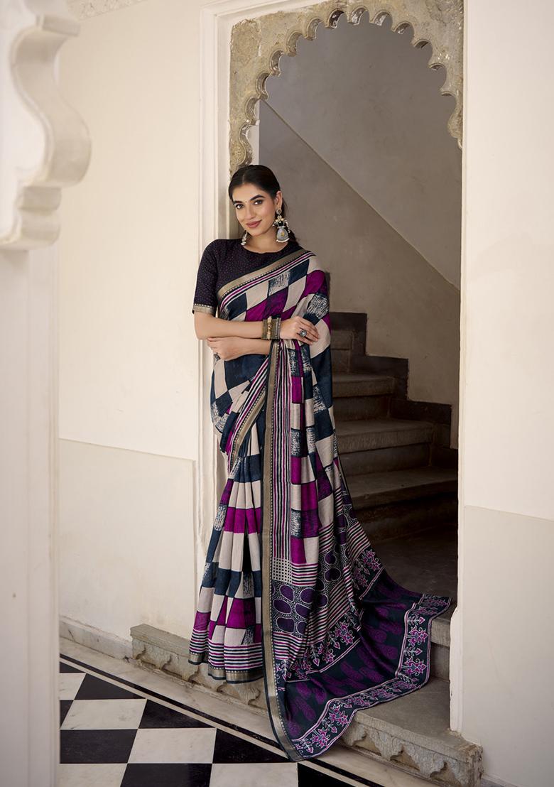 Navy Blue Printed Polyester Viscose Chanderi Saree Set - Indya
