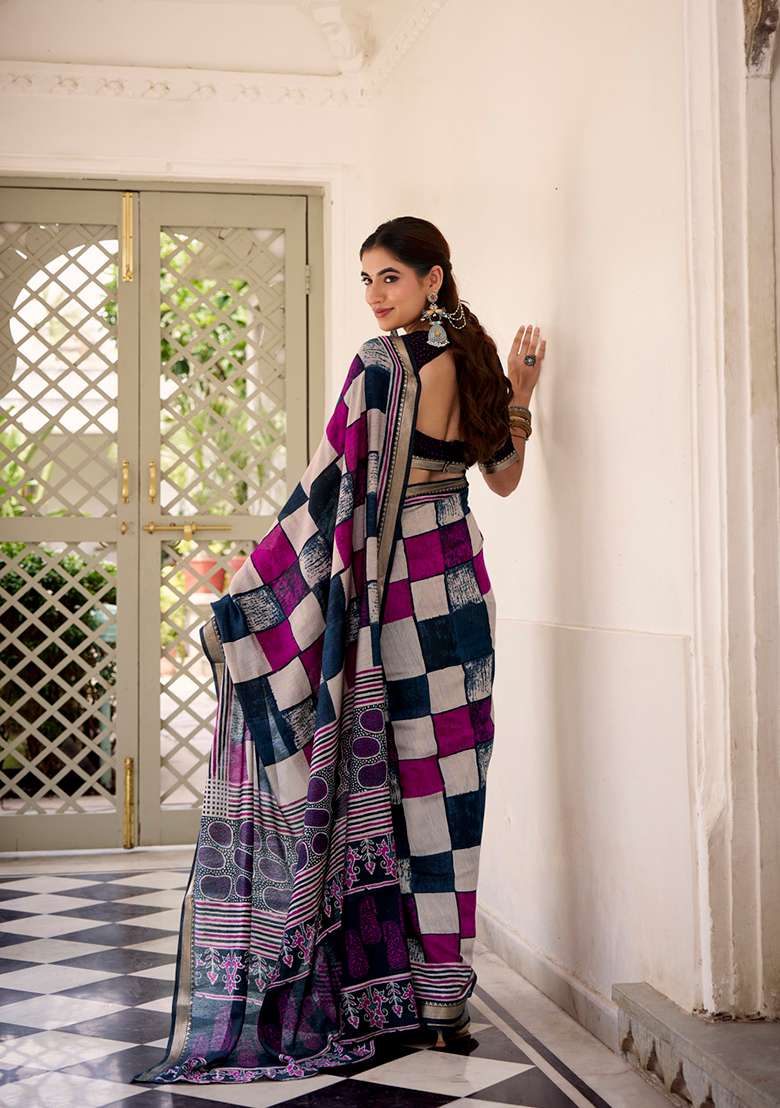 Navy Blue Polyester Chanderi Viscose Saree Set with Printed for Diwali | Wedding & Festive Wear - Indya