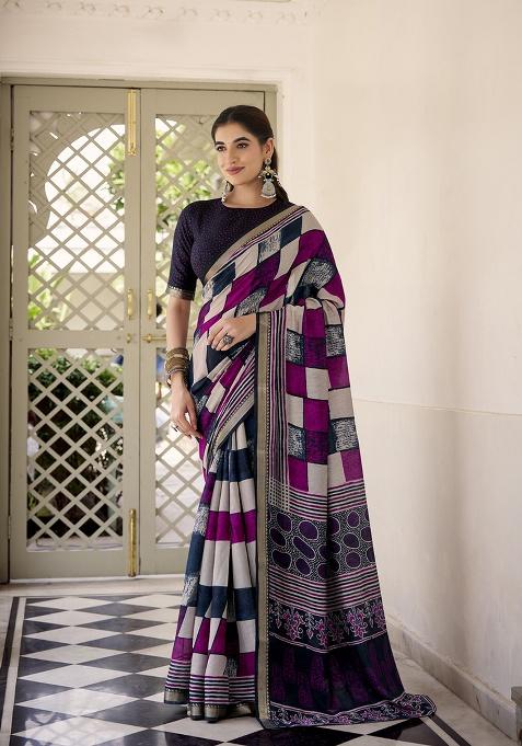 Navy Blue Printed Polyester Viscose Chanderi Saree Set