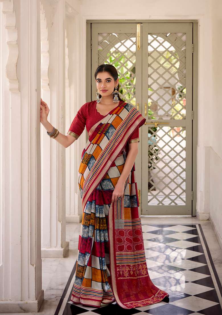 Maroon Printed Polyester Viscose Chanderi Saree Set for Diwali and Festive Wear - Indya