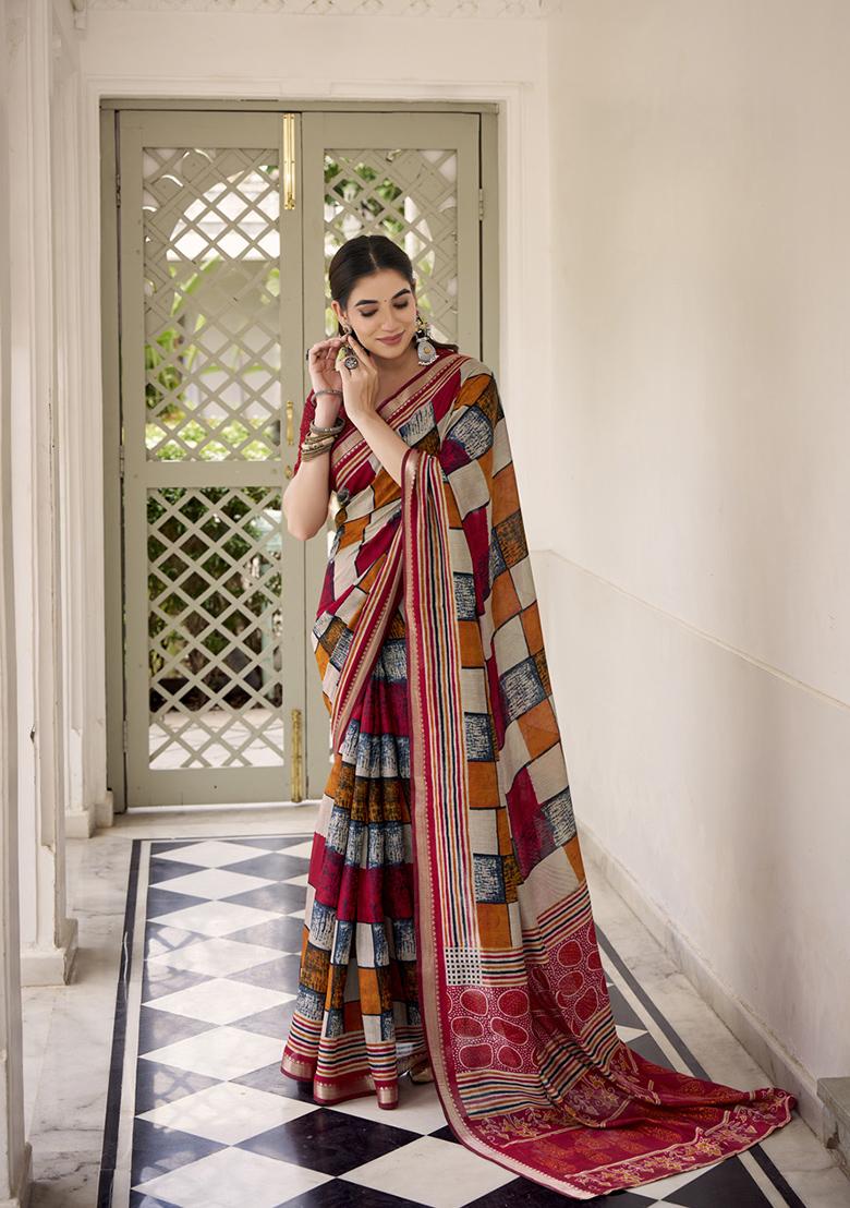 Maroon Printed Polyester Viscose Chanderi Saree Set - Indya