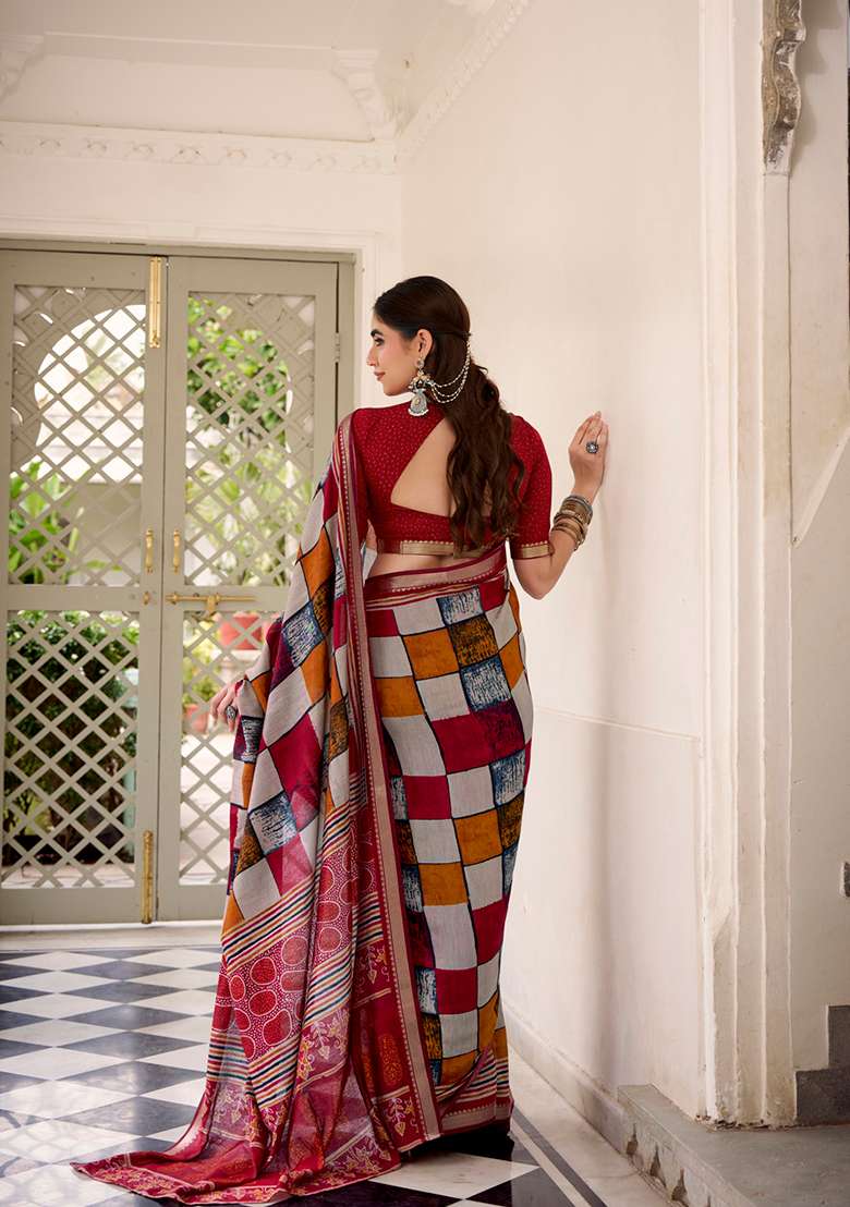 Maroon Printed Polyester Viscose Chanderi Saree Set for Diwali and Festive Wear - Indya