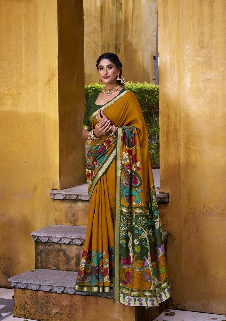 Mustard Printed Polyester Viscose Chanderi Saree Set - Indya