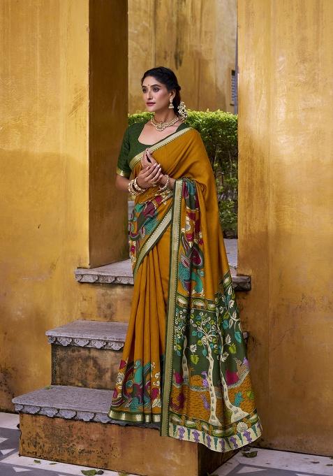 Mustard Printed Polyester Viscose Chanderi Saree Set