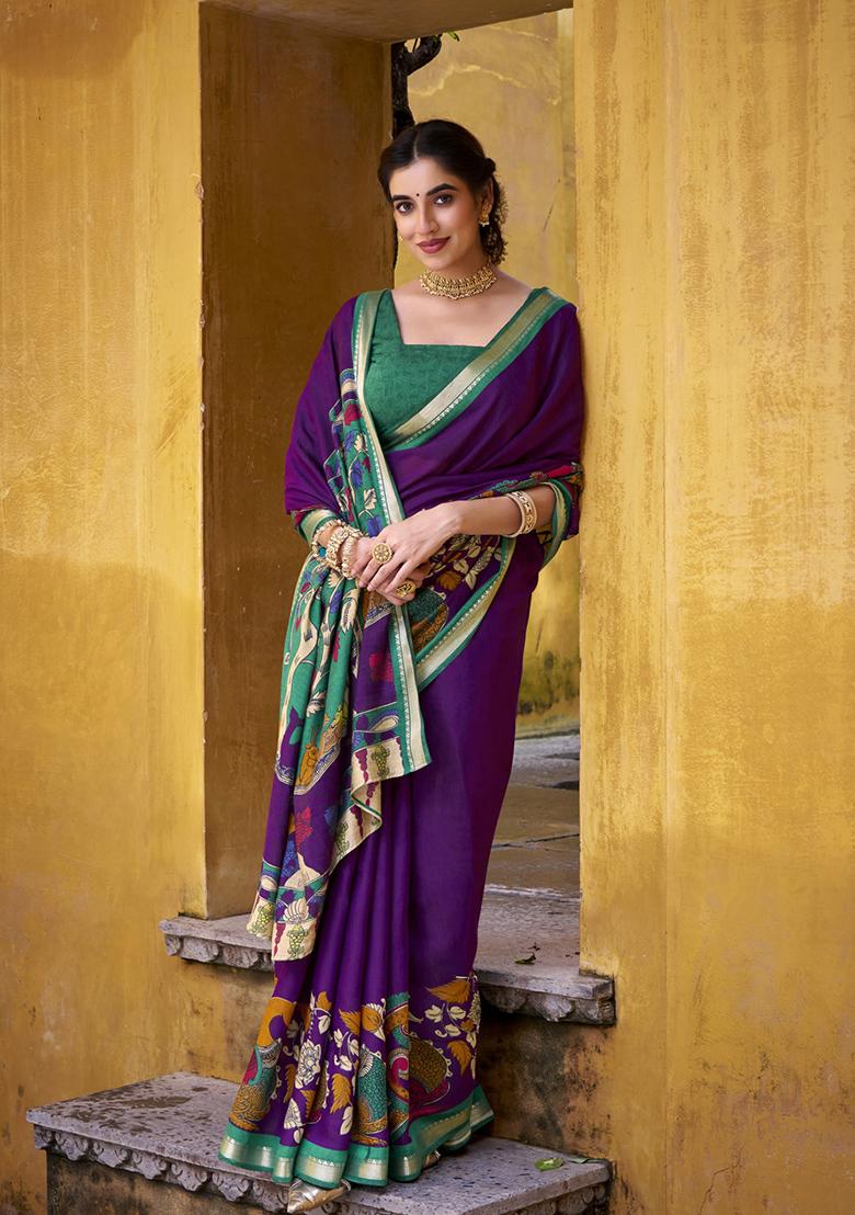 Purple Printed Polyester Viscose Chanderi Saree Set - Indya