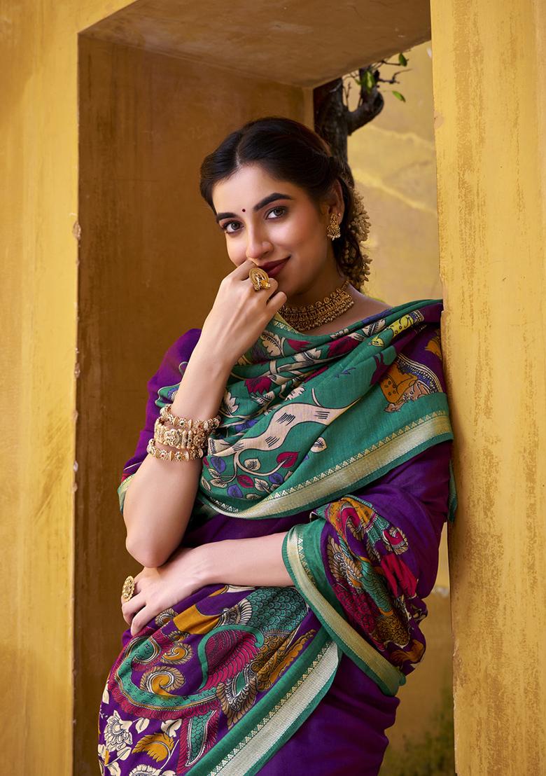 Purple Printed Polyester Viscose Chanderi Saree Set - Indya