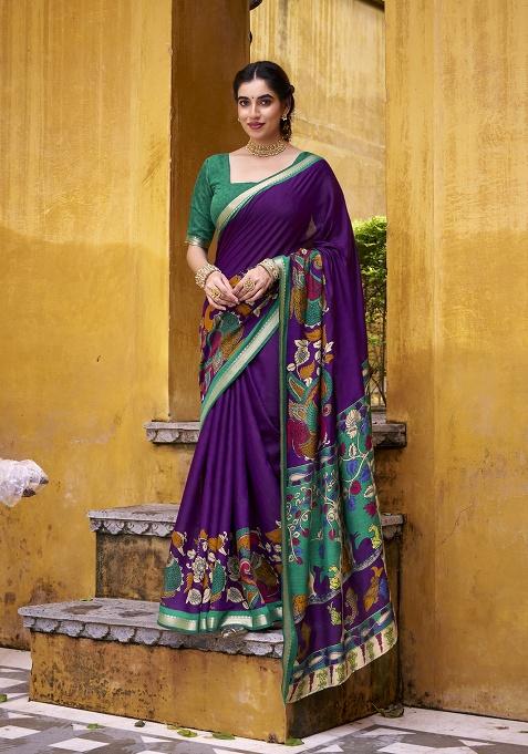 Purple Printed Polyester Viscose Chanderi Saree Set
