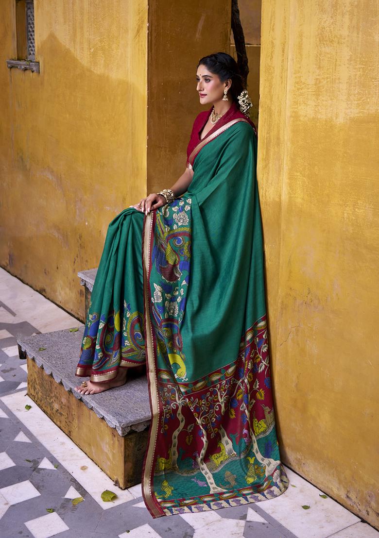 Firoji Printed Polyester Viscose Chanderi Saree Set - Indya