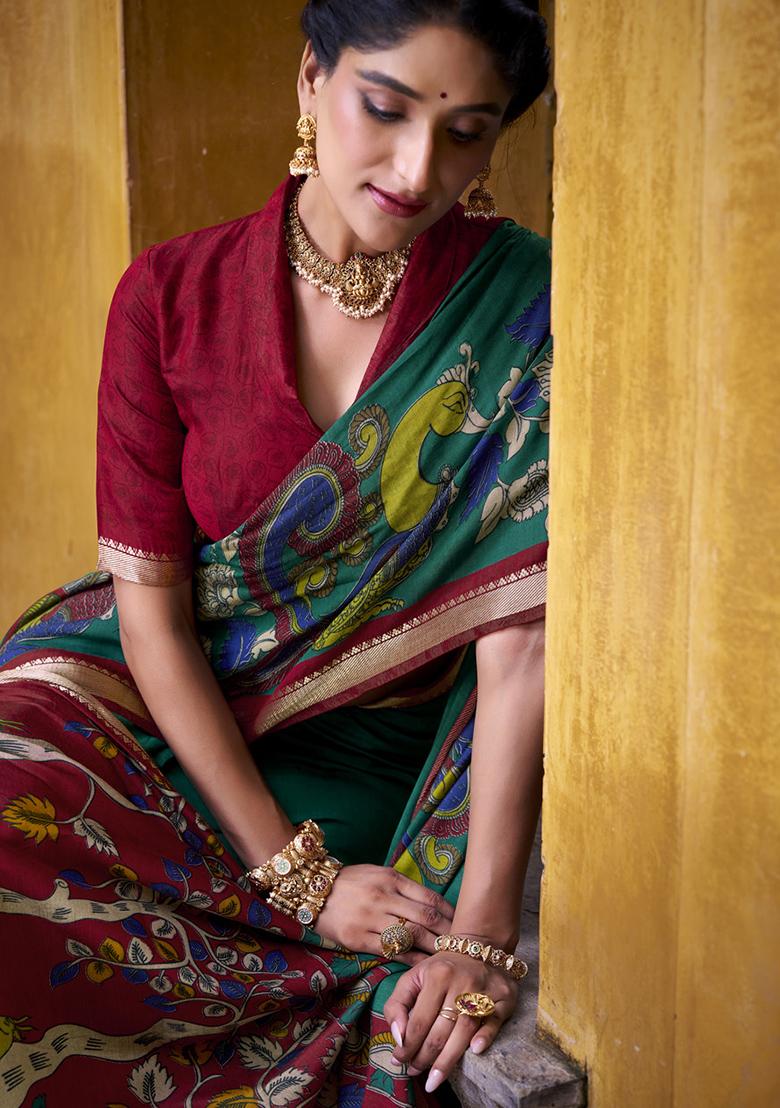 Firoji Printed Polyester Viscose Chanderi Saree Set - Indya