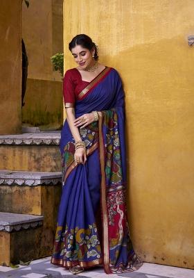 Blue Printed Polyester Viscose Chanderi Saree Set