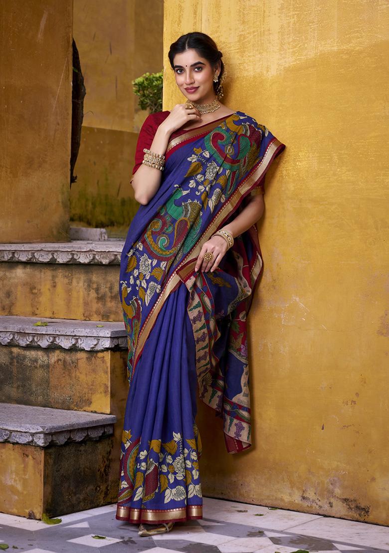 Blue Printed Polyester Viscose Chanderi Saree Set - Indya