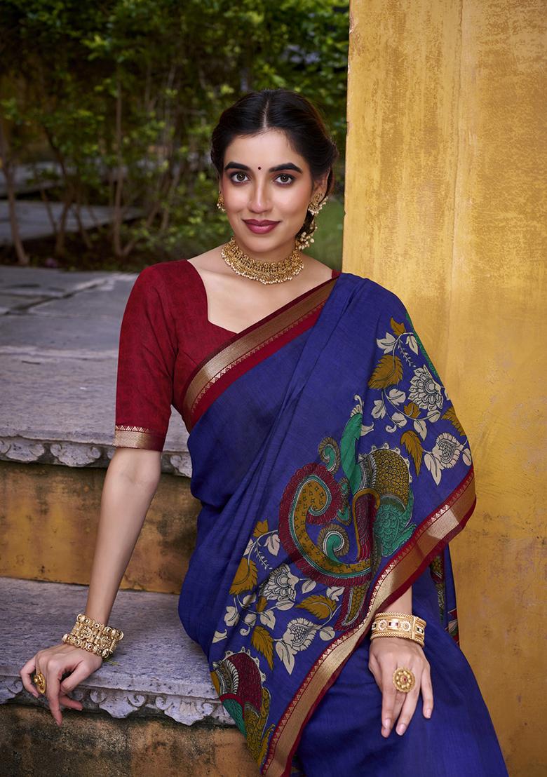 Blue Printed Polyester Viscose Chanderi Saree Set - Indya