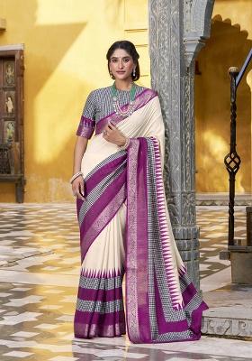 Off White Printed Cotton Saree Set